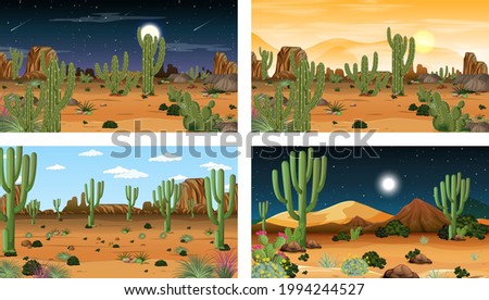 Different desert forest landscape scenes with various desert plants illustration