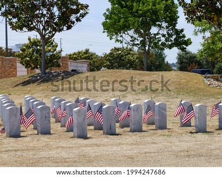 View of tomb stones with American flags on each  grave at a national cemetery. Fallen American heroes headstones. Military cemetery.