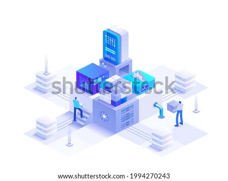 Cryptocurrency mining isometric abstract concept. Digital money mining farm with server rack, blockchain technology, data analysis, financial tools. Vector character illustration in isometry design Royalty-Free Stock Photo #1994270243