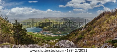 Lake Perucac and Drina canyon panorama from viewpoint in Tara national park of Serbia. Observation point on hiking route in mountain forest, balkan hiking trail in Dinaric alps. Royalty-Free Stock Photo #1994272031