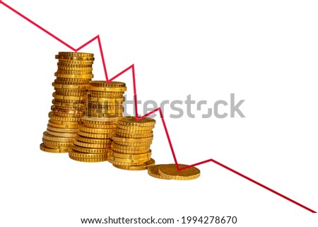 The concept of a rapidly falling market, a sharp decline in stock prices, declining yields and falling prices. Gold coins and declining graphics on an abstract background.