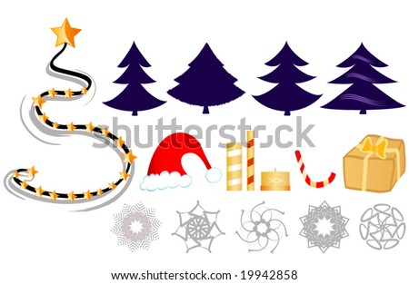 Vector Christmas Clip-art: xmas trees, Santa hat, candy cane, snowflakes, gifts