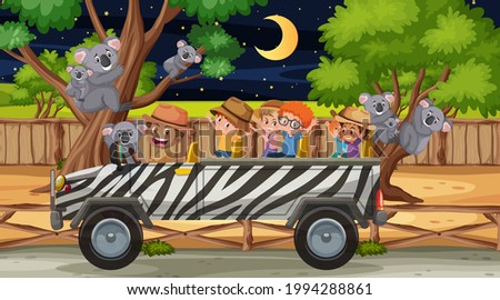 Safari at night scene with many kids watching koala group illustration
