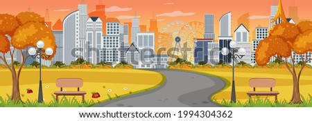 Horizontal scene with long road through the park into the town at sunset time illustration