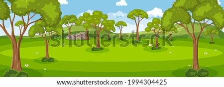 Forest horizontal scene at day time with many trees illustration