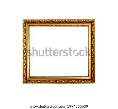 Historical Vintage Golden decorative frame isolated on white background. Gold frame border with beautiful stylish ornaments.  Retro frame ideal for advertisement background and photography concept.