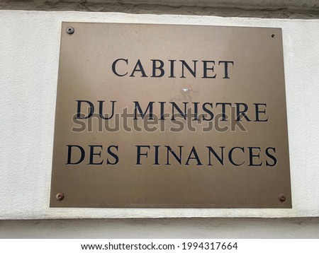 Sign in French language next to the entrance to the building of the Finance Minister Cabinet (Cabinet du ministre des finances). Bruxelles, Brussels Capital Region, Belgium.