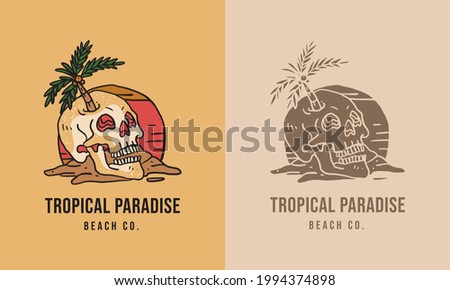 Skull Tropical Beach Palm Trees Handdrawn Vintage Logo