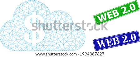 Triangular cloud banking image, and Web 2.0 blue and green rectangle corroded stamps. Polygonal wireframe image based on cloud banking icon. Stamp seals include Web 2.0 text inside rectangle shape.