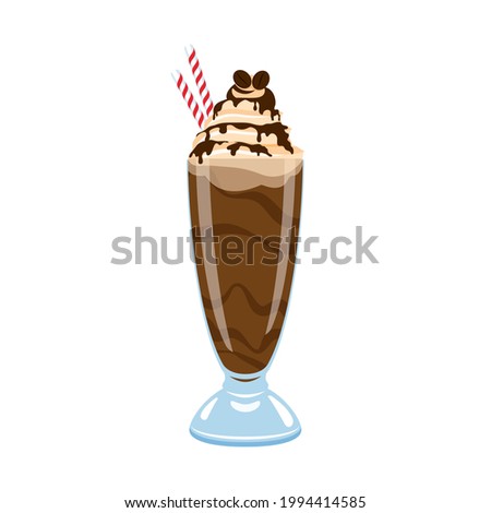 Chocolate milkshake with cocoa topping and whipped cream illustration. Ice coffee drink with chocolate icing icon. Glass of milkshake icon isolated on a white background