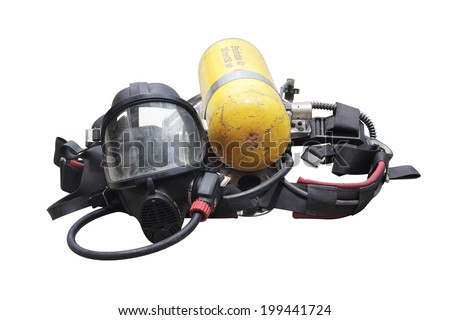 The kits oxygen masks and oxygen tanks through the use of firefighters in Thailand on white background