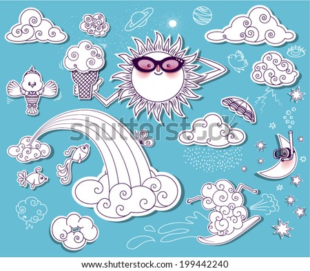 Summer Sky Doodles - Set of summery clip art images, including surfing cloud, scuba diving moon, bird in a swimsuit and sun with sunglasses and ice cream