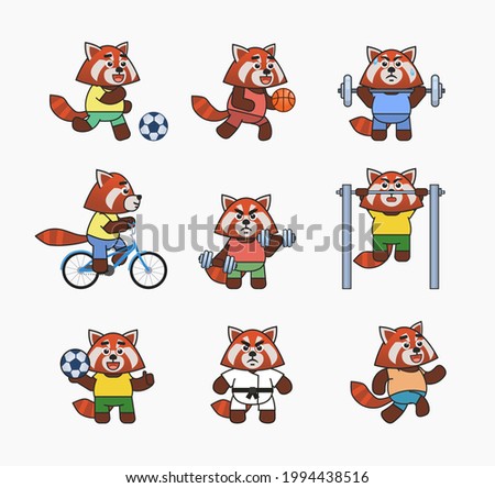 Set of red panda characters doing various sports. Cute red panda playing football, basketball, riding bike, running and showing other actions. Vector illustration bundle