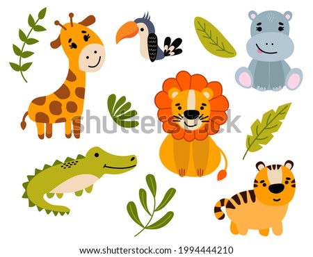 Jungle. Set of cute hand drawn animals. Lion, tiger, crocodile, giraffe, hippo. White background, isolate. Vector illustration.