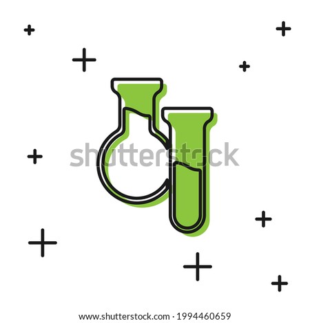 Black Test tube and flask icon isolated on white background. Chemical laboratory test. Laboratory glassware.  Vector