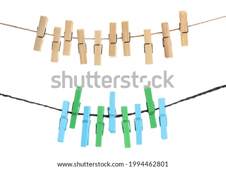 Many wooden clothespins on rope against white background, collage Royalty-Free Stock Photo #1994462801