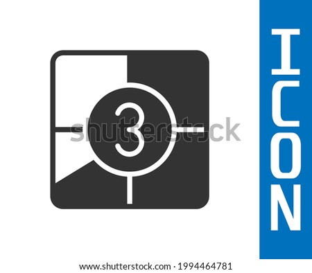 Grey Old film movie countdown frame icon isolated on white background. Vintage retro cinema timer count.  Vector