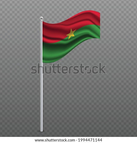 Burkina Faso waving flag on metal pole. Vector illustration.