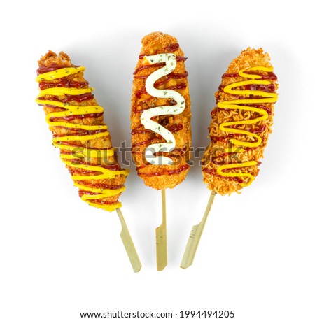Cheese Corndog 3 Favourite Instant noodles, French fries Potato and Bread Crumbs inside Mozzarella cheese and hotgog style Korean Street Food popular break time menu Royalty-Free Stock Photo #1994494205