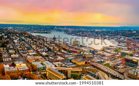 Seattle, City view of Seattle, top view of downtown Seattle skyline in Seattle Washington, USA
