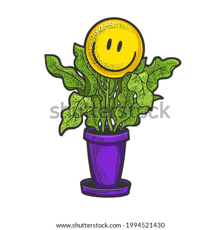Smile Emoticon grow on flower plant color line art sketch engraving vector illustration. T-shirt apparel print design. Scratch board imitation. Black and white hand drawn image.