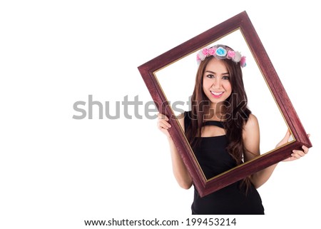 Woman with picture frame on white, Smiling asian women on black dress