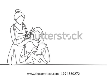 Single one line drawing young women sitting in beauty hair salon style, reading the magazine and waiting for result. Hair style beauty concept. Continuous line draw design graphic vector illustration