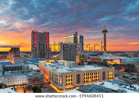 San Antonio, Texas, USA skyline from above at dawn.