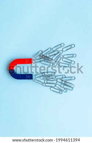 Horseshoe magnet collecting paper clips. Top view