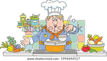 Funny chef cooking an original tasty soup with fresh vegetables and spices in his cozy kitchen, vector cartoon illustration isolated on a white background