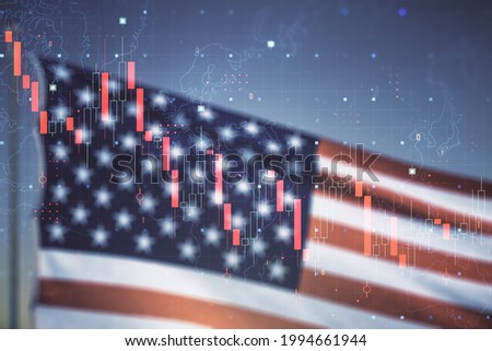 Abstract virtual crisis chart illustration on USA flag and sunset sky background. Global crisis and bankruptcy concept. Multiexposure