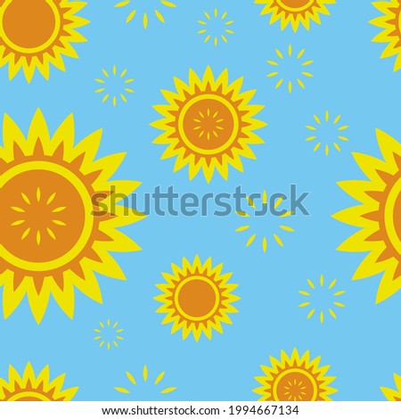 Seamless pattern with yellow sunflowers on blue background. Colorful summer blossom mood. Vector illustration. Suitable for different types of design.