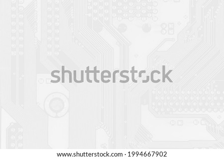 White texture background of printed circuit board. Computer technology background. Information tech. Space for text. Gray scale pcb background.