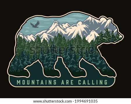 National park colorful concept with flying bird forest and mountains landscape inside bear silhouette isolated vector illustration Royalty-Free Stock Photo #1994691035