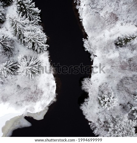 Drone view over winter landscape. Snow trees close to a lake  