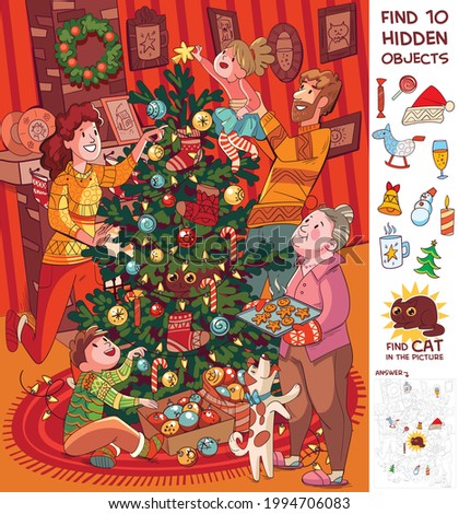 Family decorates christmas tree. Find Cat. Find 10 hidden objects in the picture. Puzzle Hidden Items. Funny cartoon character. Vector illustration Royalty-Free Stock Photo #1994706083