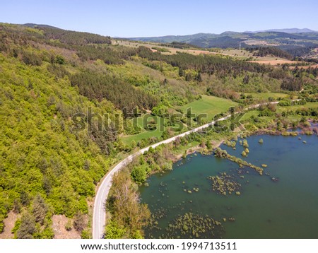 Aerial view of Topolnitsa Reservoir, Sredna Gora Mountain, Bulgaria