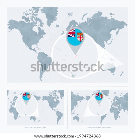 Magnified Fiji over Map of the World, 3 versions of the World Map with flag and map of Fiji. Vector Illustration.