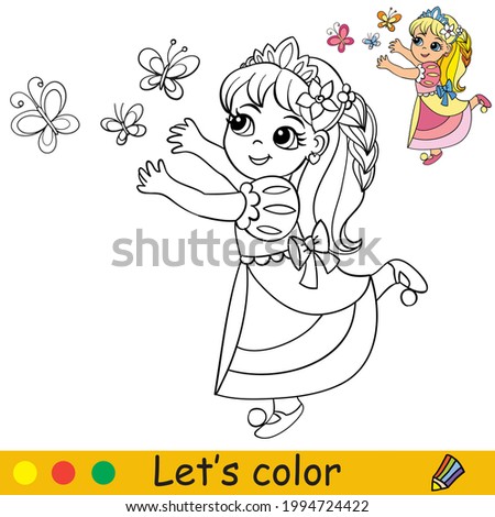 Cute little princess in dress catches beautiful butterflies. Coloring book page with colorful template for kids. Vector isolated illustration. For coloring book, print, game, party, design