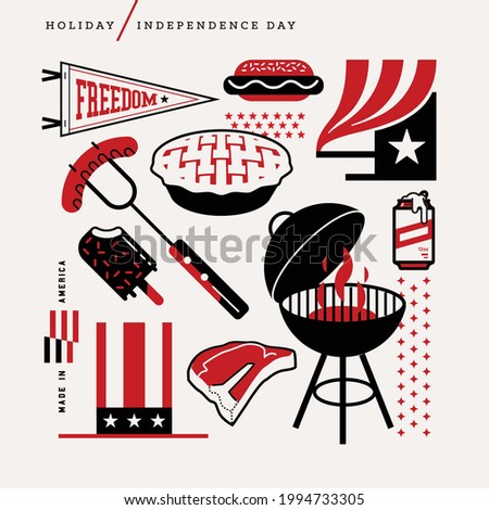 Creative abstract vector art illustration of Independence day. Geometric shapes modern concept. Line art flag 4th July pie American popsicle hat made usa steak grill hot dog sausage beer food outline