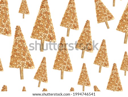 New Year seamless pattern. Isolated wooden Christmas trees on white background