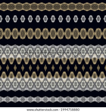 Seamless golden ethnic, ornamental texture,   woven  laced abstract pattern on dark  background