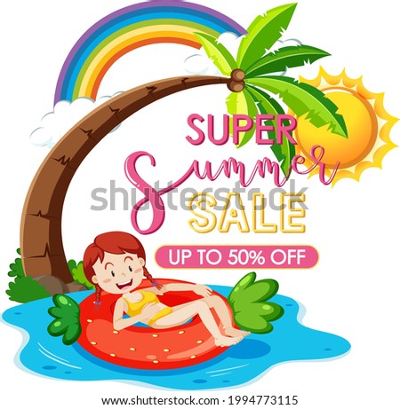 Super Summer Sale logo banner with a girl laying on swimming ring isolated illustration