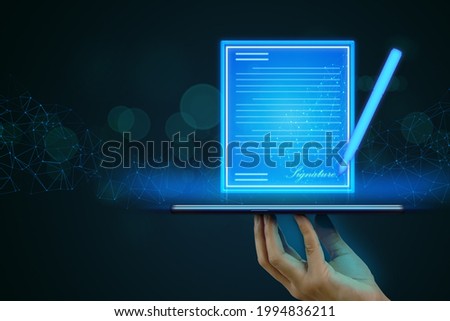 Revolutionizing Business. Electronic Signature Concept with Mobile Phone, Contract Hologram Image, and Remote Transactions Royalty-Free Stock Photo #1994836211
