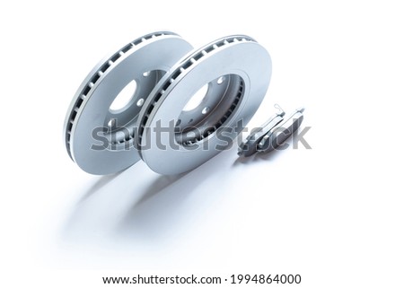 Engine gears. Auto motor mechanic spare or automotive piece on white background. New metal car part. Flat lay, top view, copy space