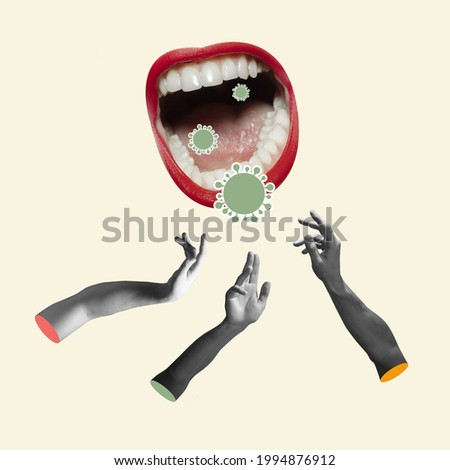 Open mouth of sneezing or coughing person having contagious breath with different viruses inside. Concept of viral infection from abstract male hand. Copyspace for your text or ad. Surrealism.