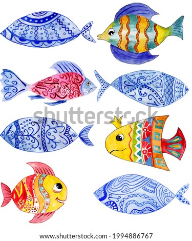 Handmade watercolor seamless pattern fairy fish on the white background. Colorful background for fabric, wallpapers, gift wrapping paper, scrapbooking. Design for kids.