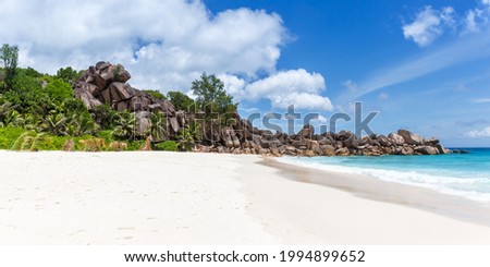 Seychelles Grand Anse beach on La Digue island panoramic view panorama vacation holidays travel traveling tourism
