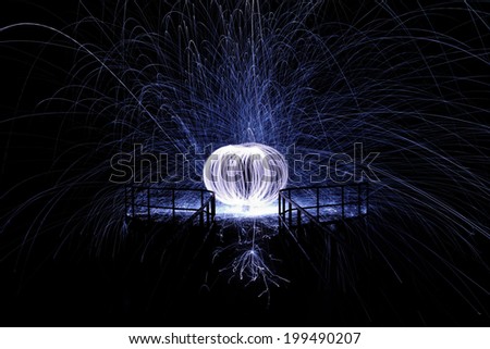 Showers of hot glowing sparks from spinning steel wool
