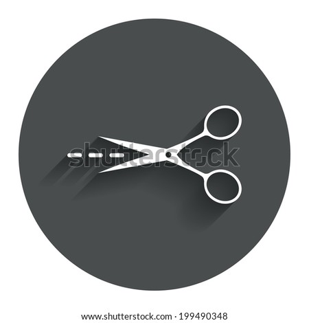 Scissors with cut dash dotted line sign icon. Tailor symbol. Circle flat button with shadow. Modern UI website navigation. Vector